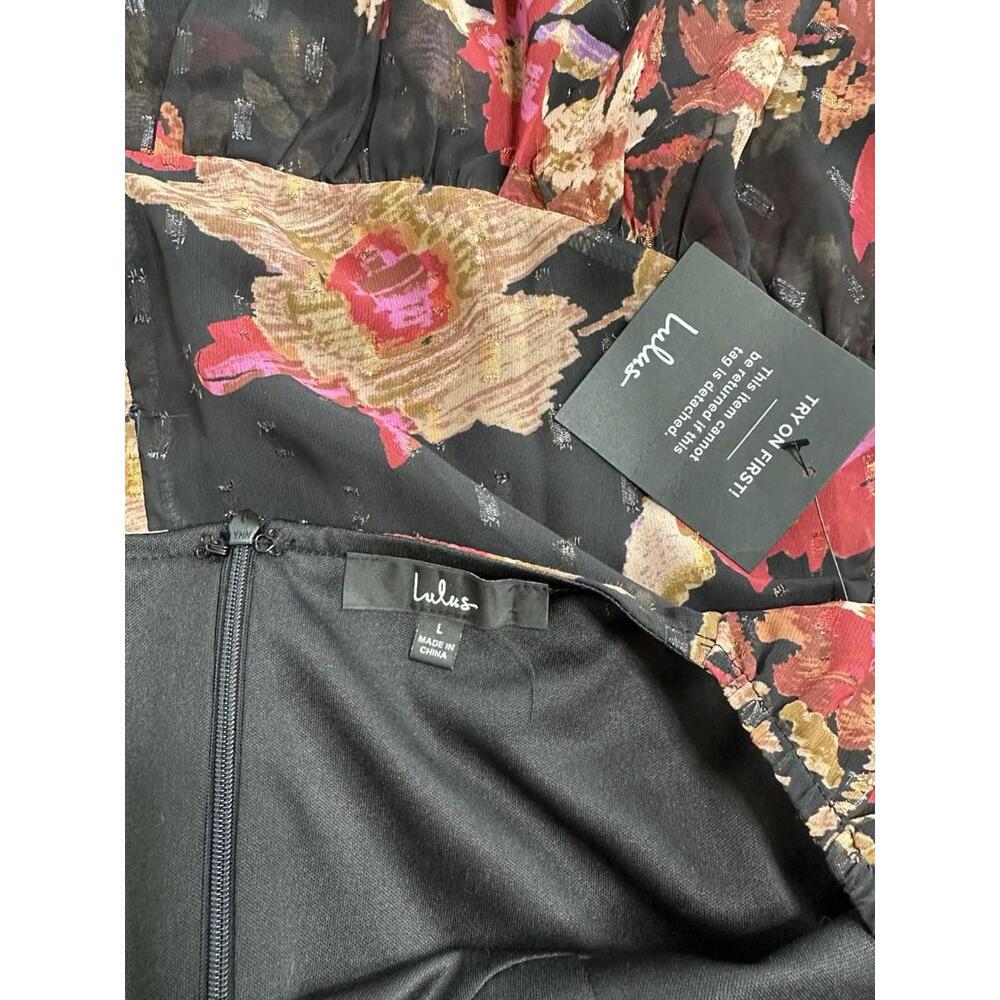 Romantic Floral Chiffon Tiered Lurex Mini Dress V Neck Balloon Sleeve - Picture 7 of 8